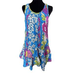Kaktus Floral Sundress Blue Pink Ruffle Maximalist Resort Vacation Small